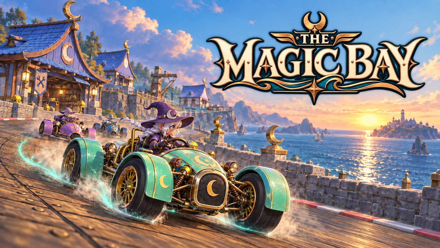 Arte promocional de The Magic Bay: pilotos de bruja compiten junto a un taller costero.