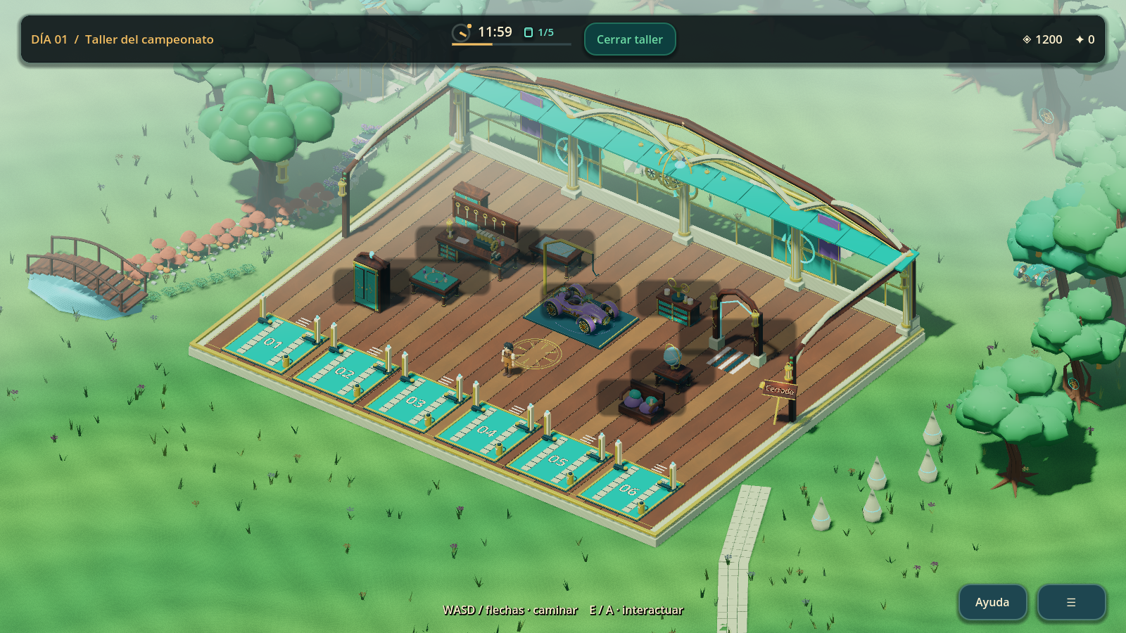 Captura de The Magic Bay: taller abierto sobre una plataforma entre árboles.