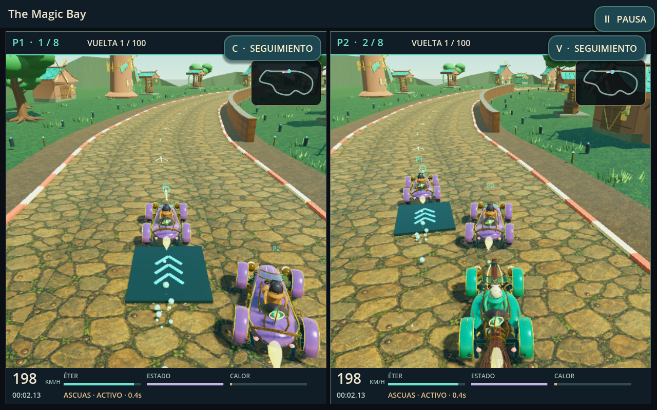 Dos pilotos compiten en The Magic Bay con cámaras independientes en pantalla dividida.