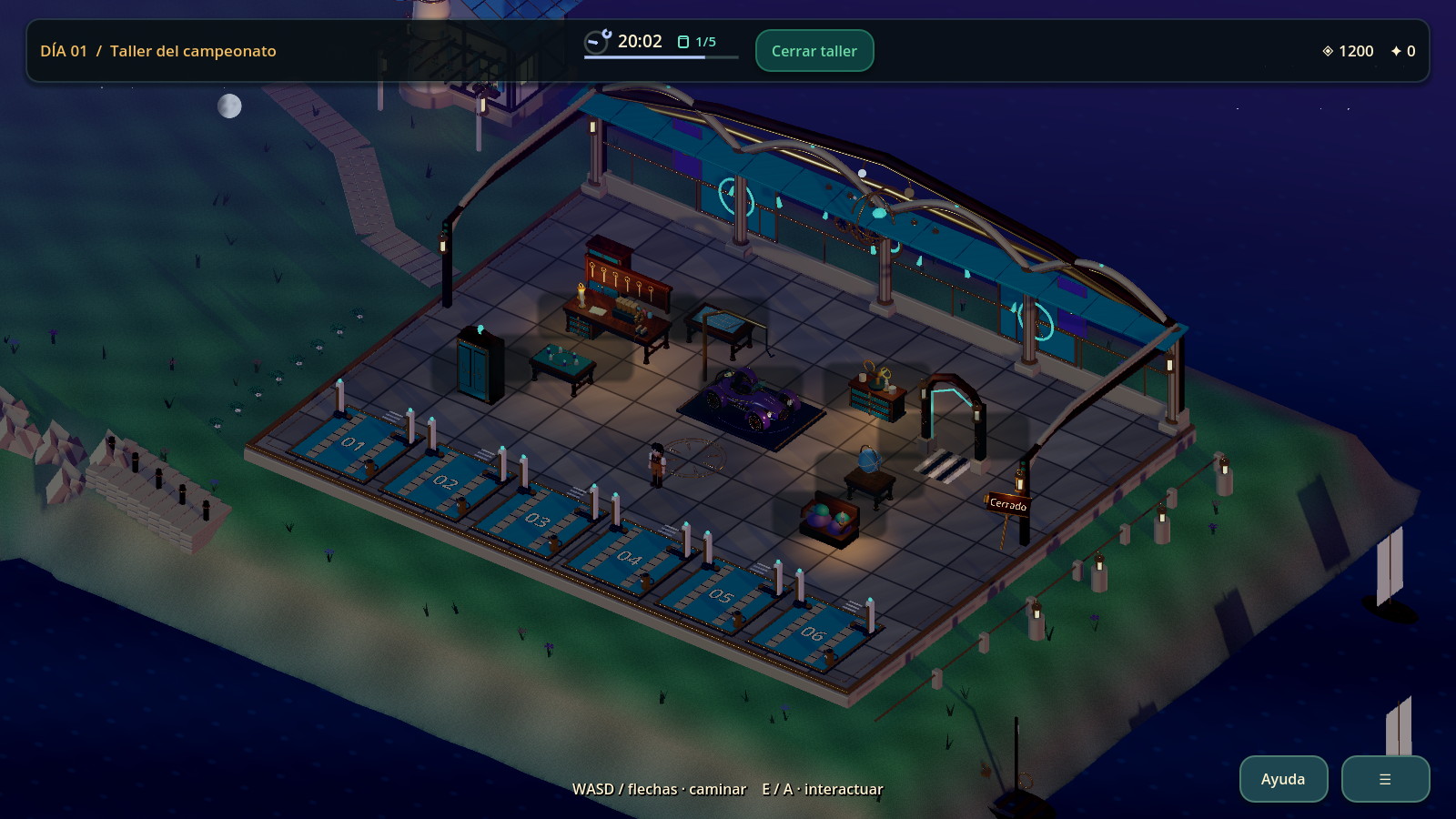 Captura de The Magic Bay: taller junto al mar iluminado de noche.