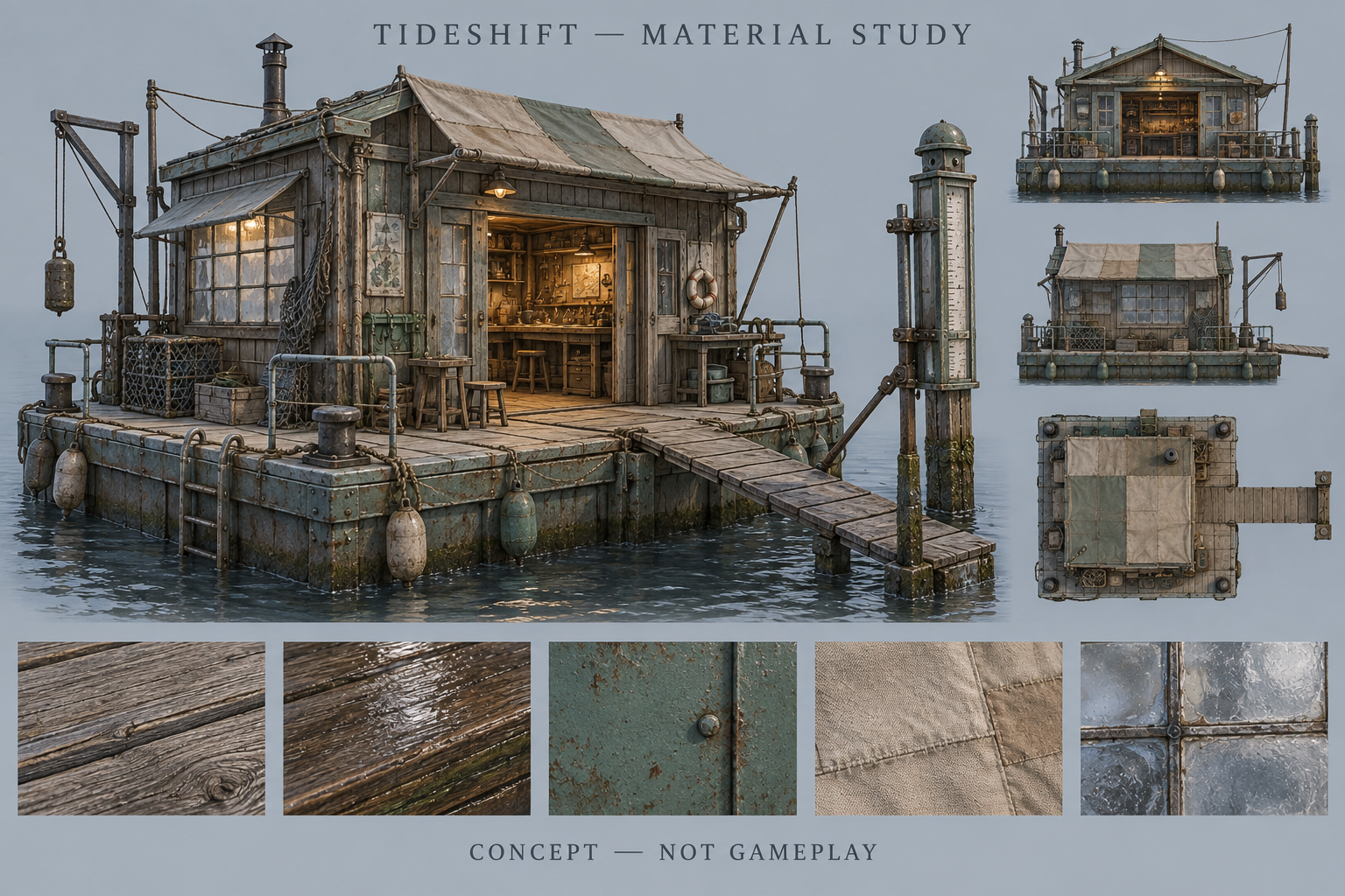 Estudio conceptual de TIDESHIFT: casa-taller flotante, vistas de sus módulos y materiales.
