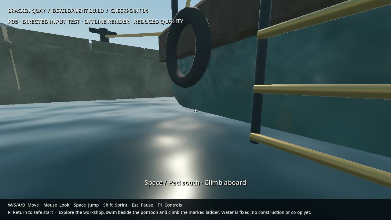 Prototipo Godot de TIDESHIFT: vista desde el agua de una escalera amarilla para subir a la plataforma flotante.
