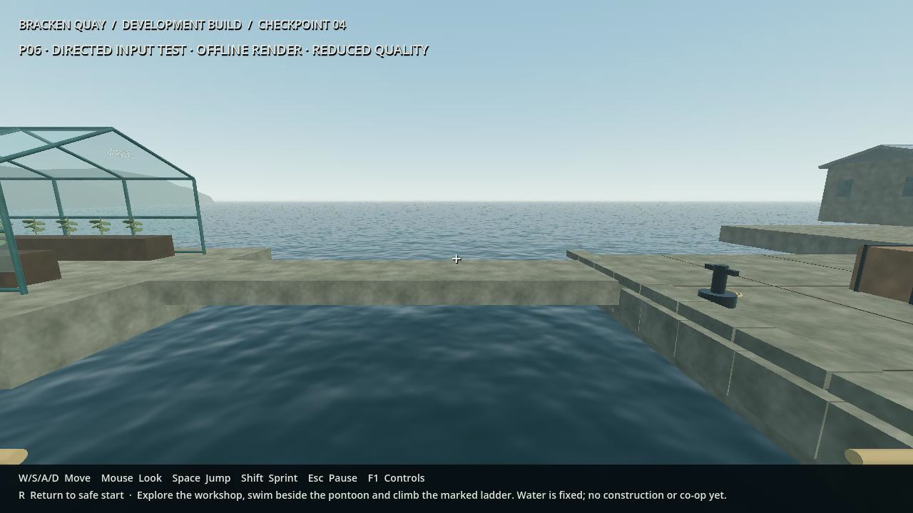 Prototipo Godot de TIDESHIFT: vista del litoral con agua, un invernadero y pasarelas junto al muelle.