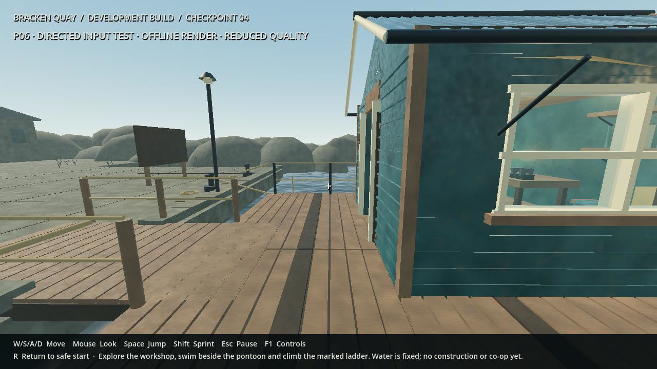 Prototipo Godot de TIDESHIFT: casa-taller azul con ventanas, cubierta de madera y barandillas junto al agua.